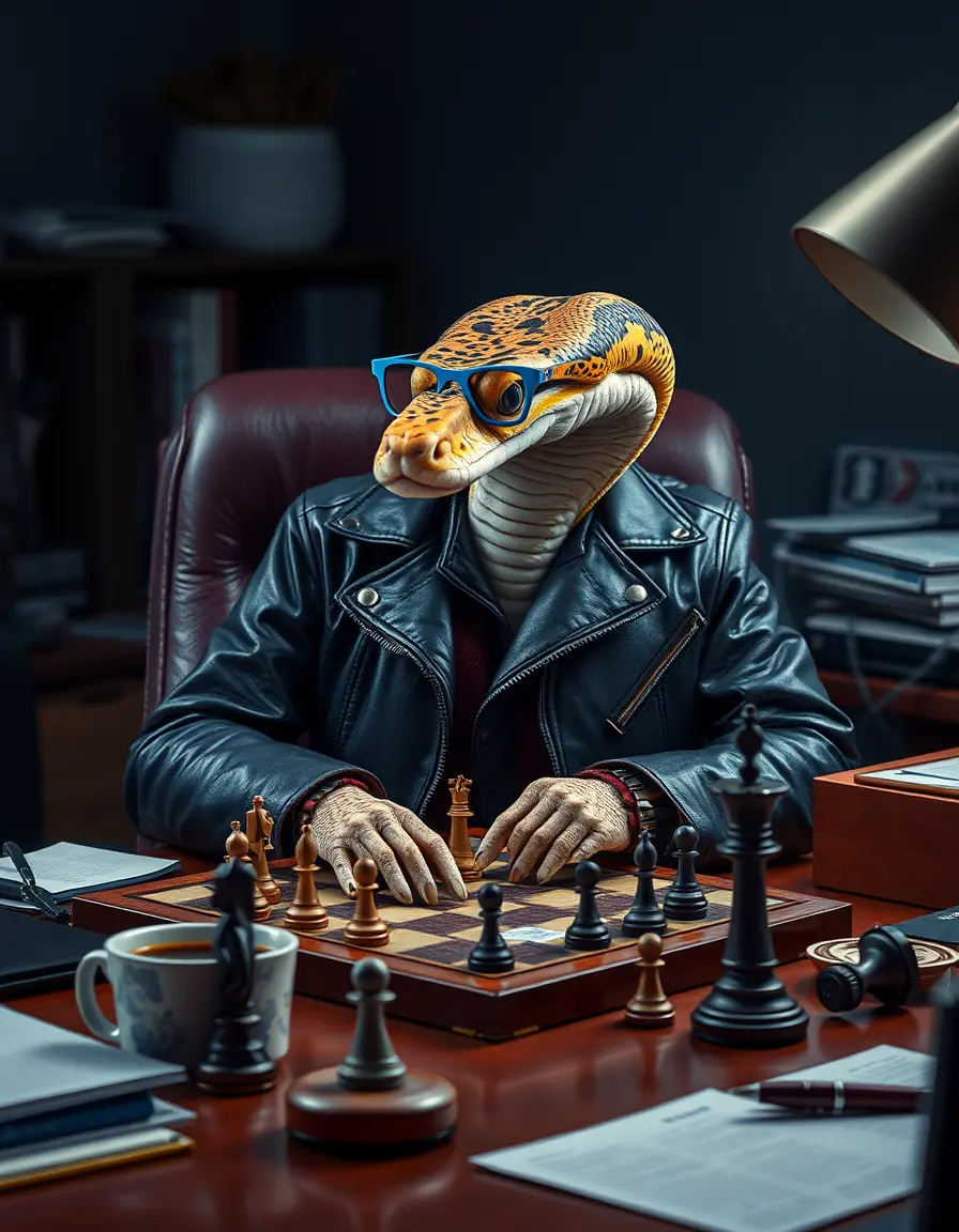 時尚辦公桌前下西洋棋的超現實蛇