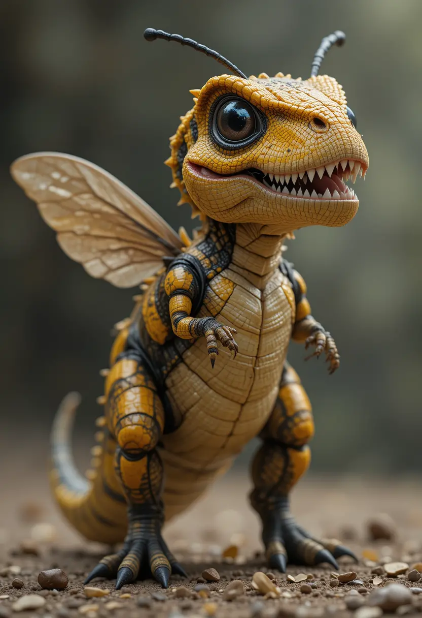 Dolce chimera gialla e nera che unisce ape e T-Rex