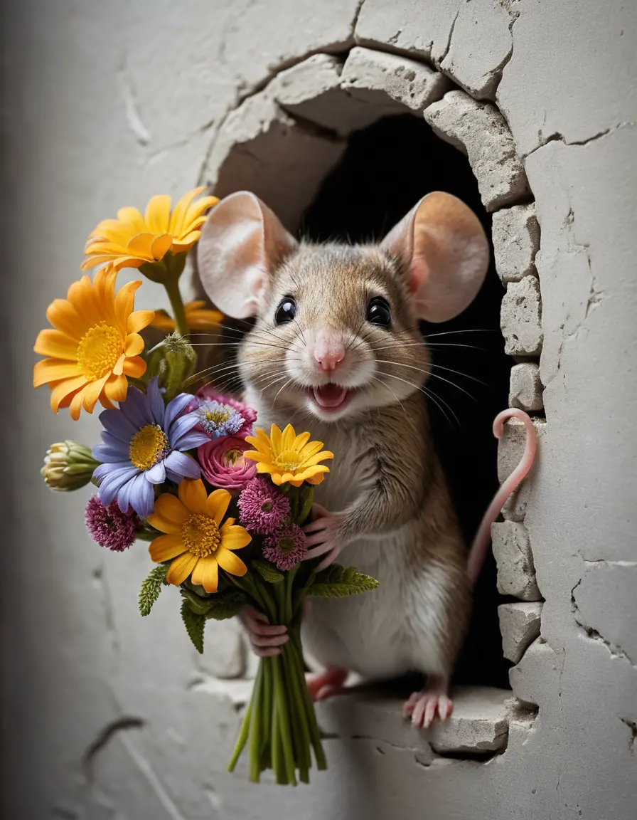 Verspielte Maus mit Blumenstrauß im Mauerriss
