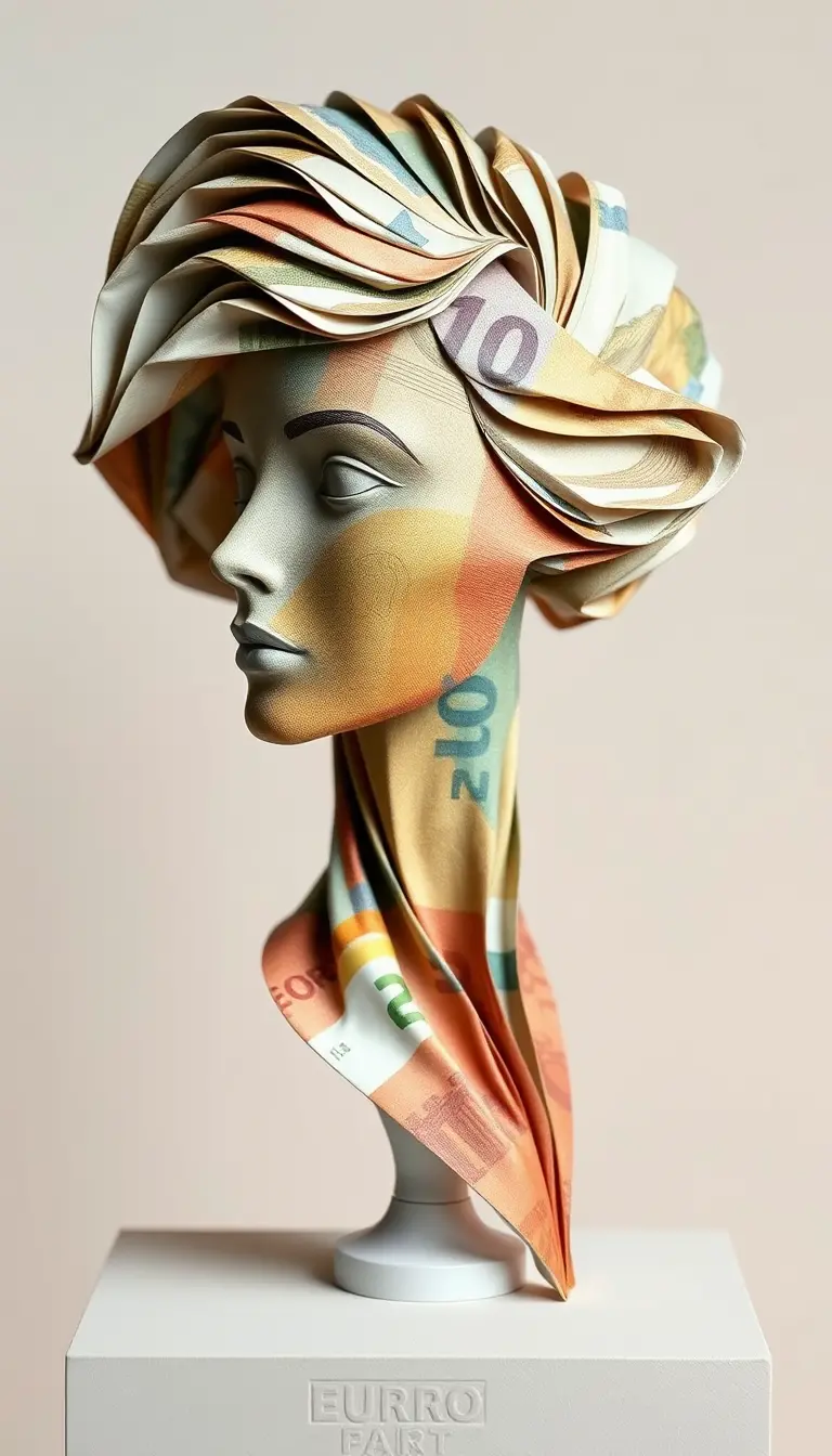 Buste de femme en origami avec billet en euro sur fond minimaliste