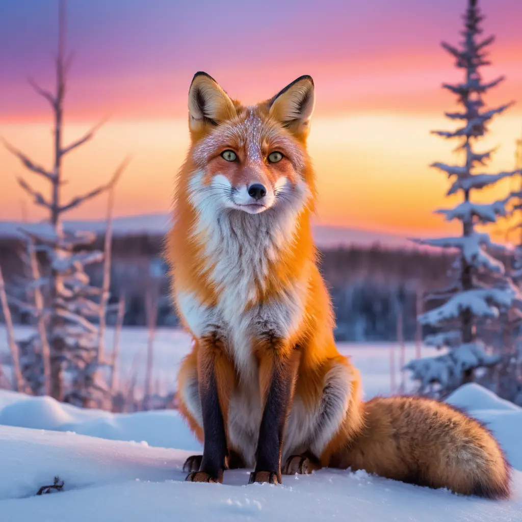 Raposa mística com pelagem colorida em uma floresta nevada