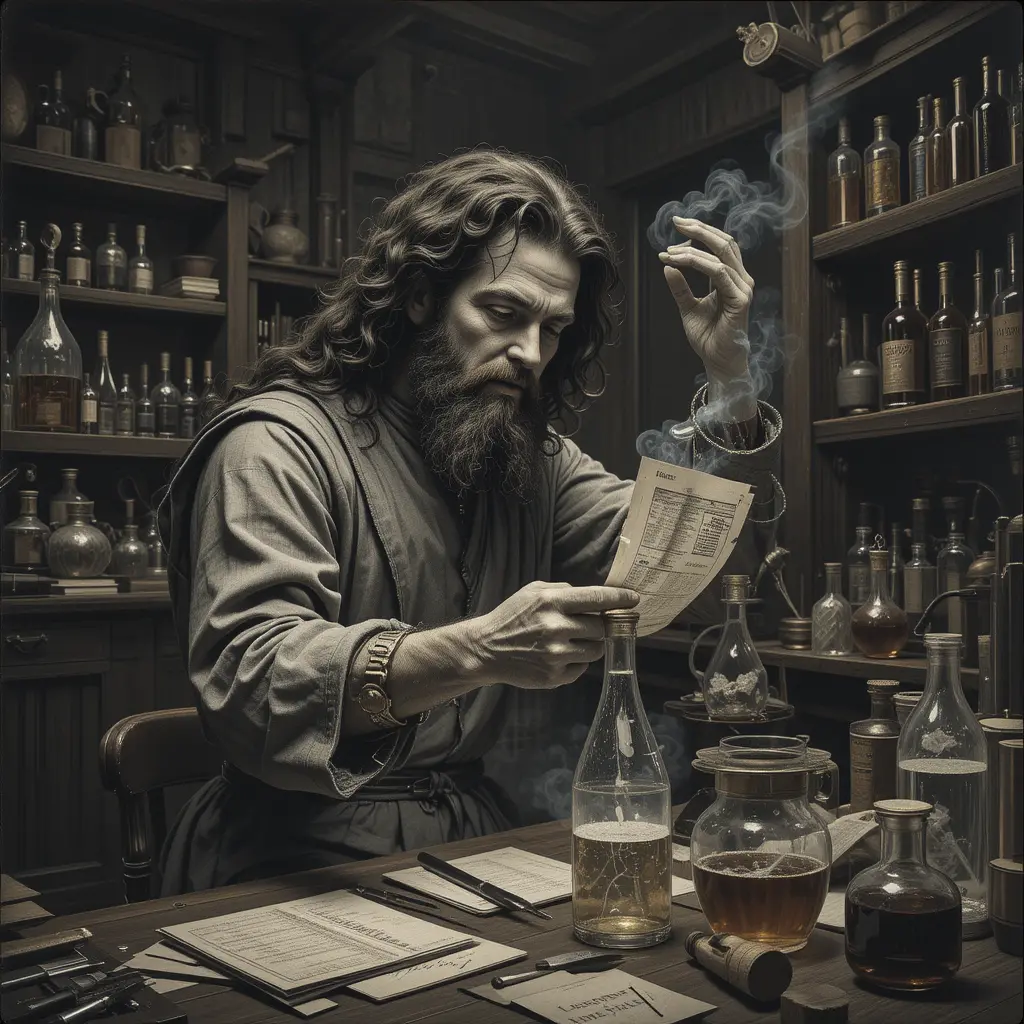 Léonard de Vinci faisant des recherches seul dans un laboratoire sombre