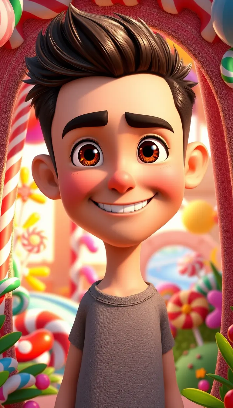 Homme joyeux entrant dans un jardin magique de bonbons en 3D