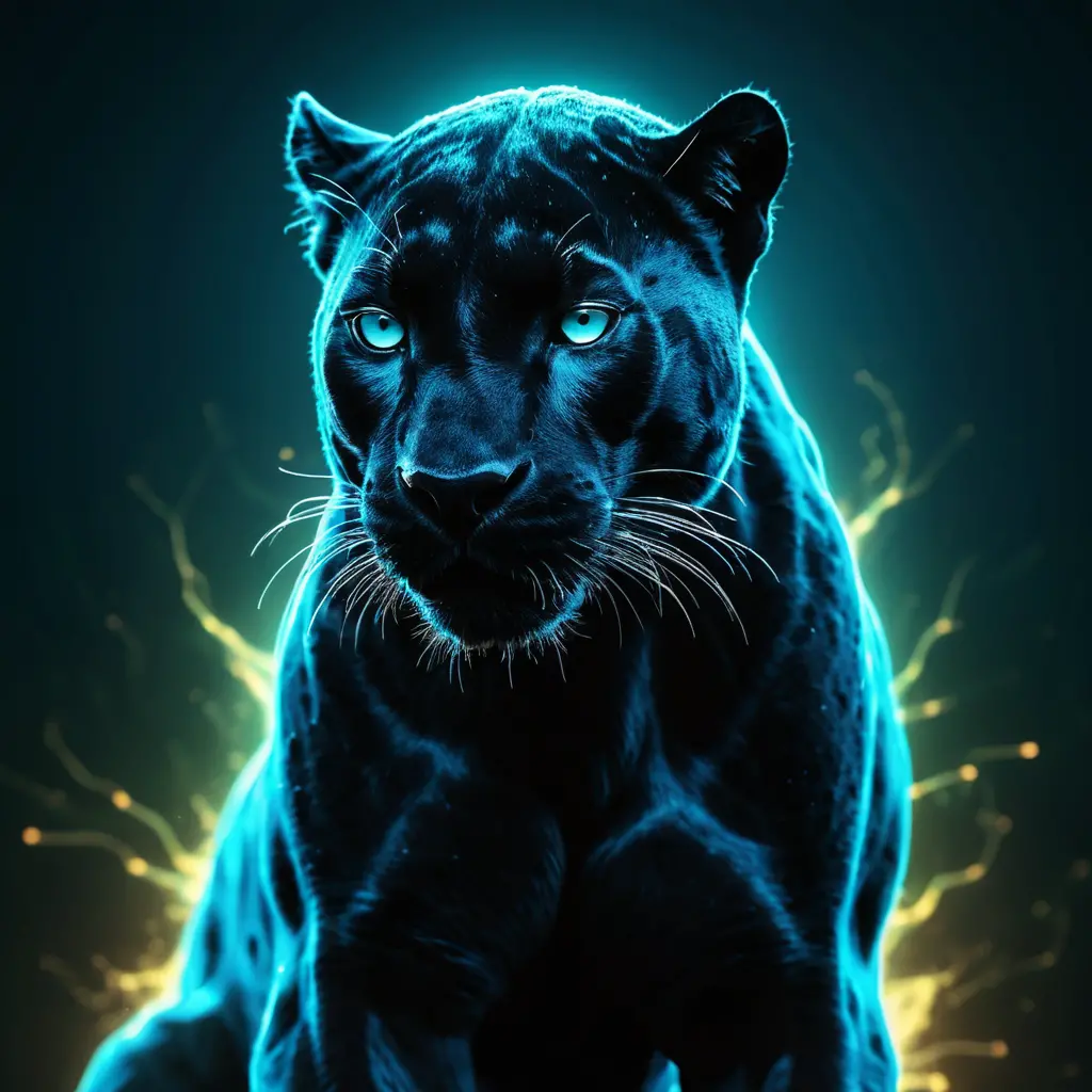 Nahaufnahme eines leuchtenden Panthers, der sich in Partikel auflöst