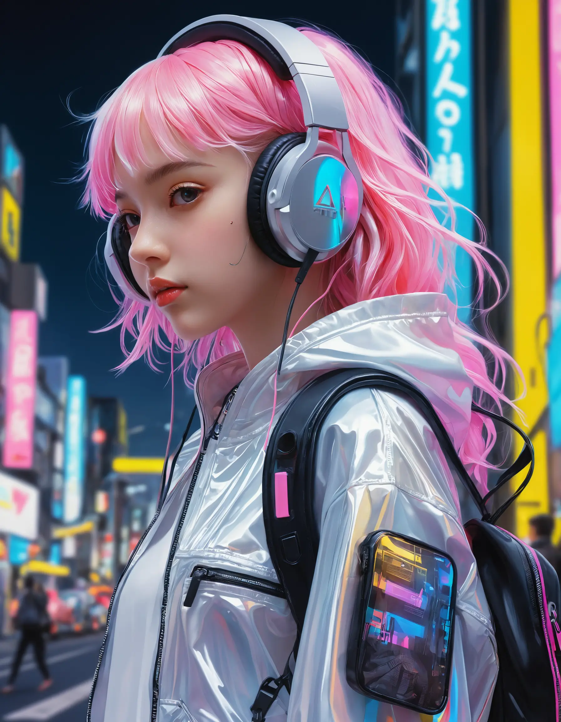 Fille d’anime en streetwear néon cyberpunk style Harajuku