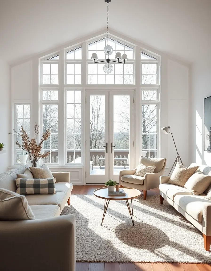 Salon scandinave avec canapé et portes-fenêtres
