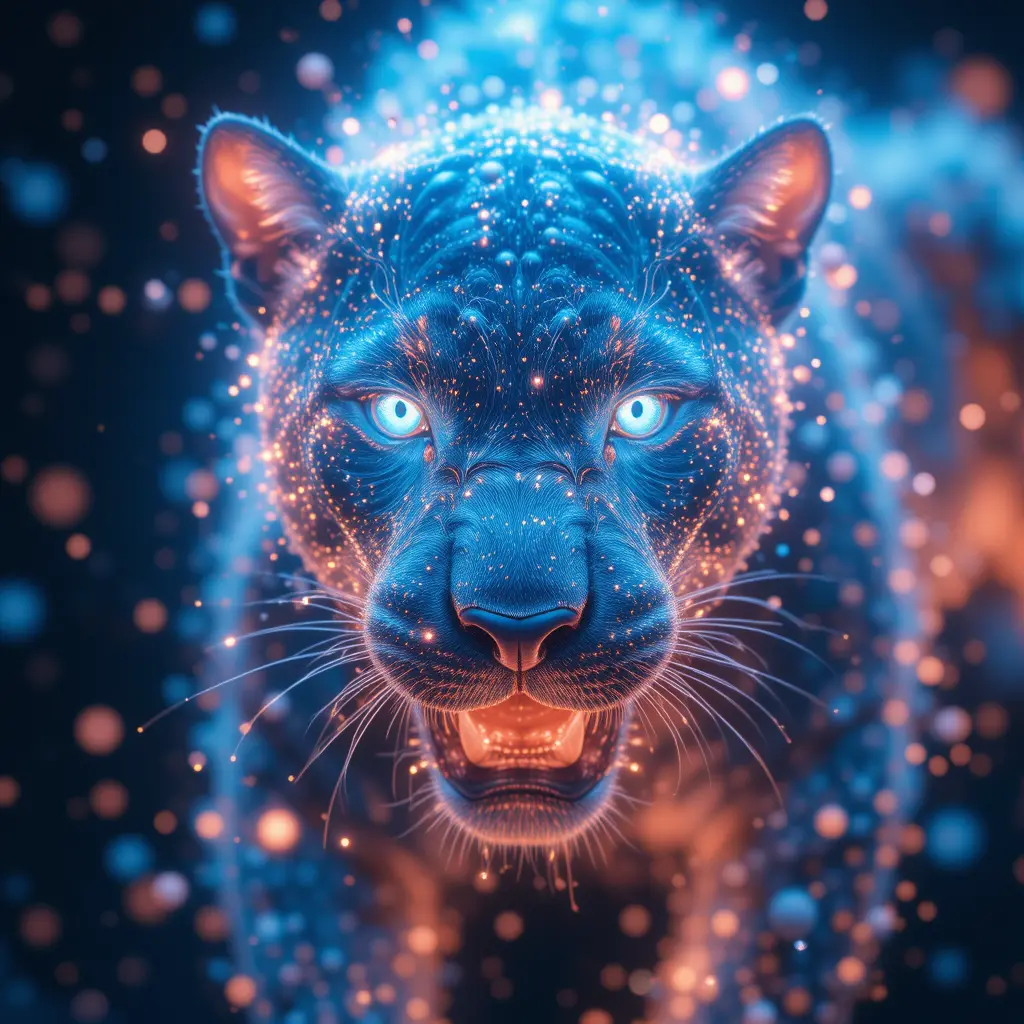 Nahaufnahme eines Panthers, der sich in leuchtende türkisfarbene Partikel auflöst