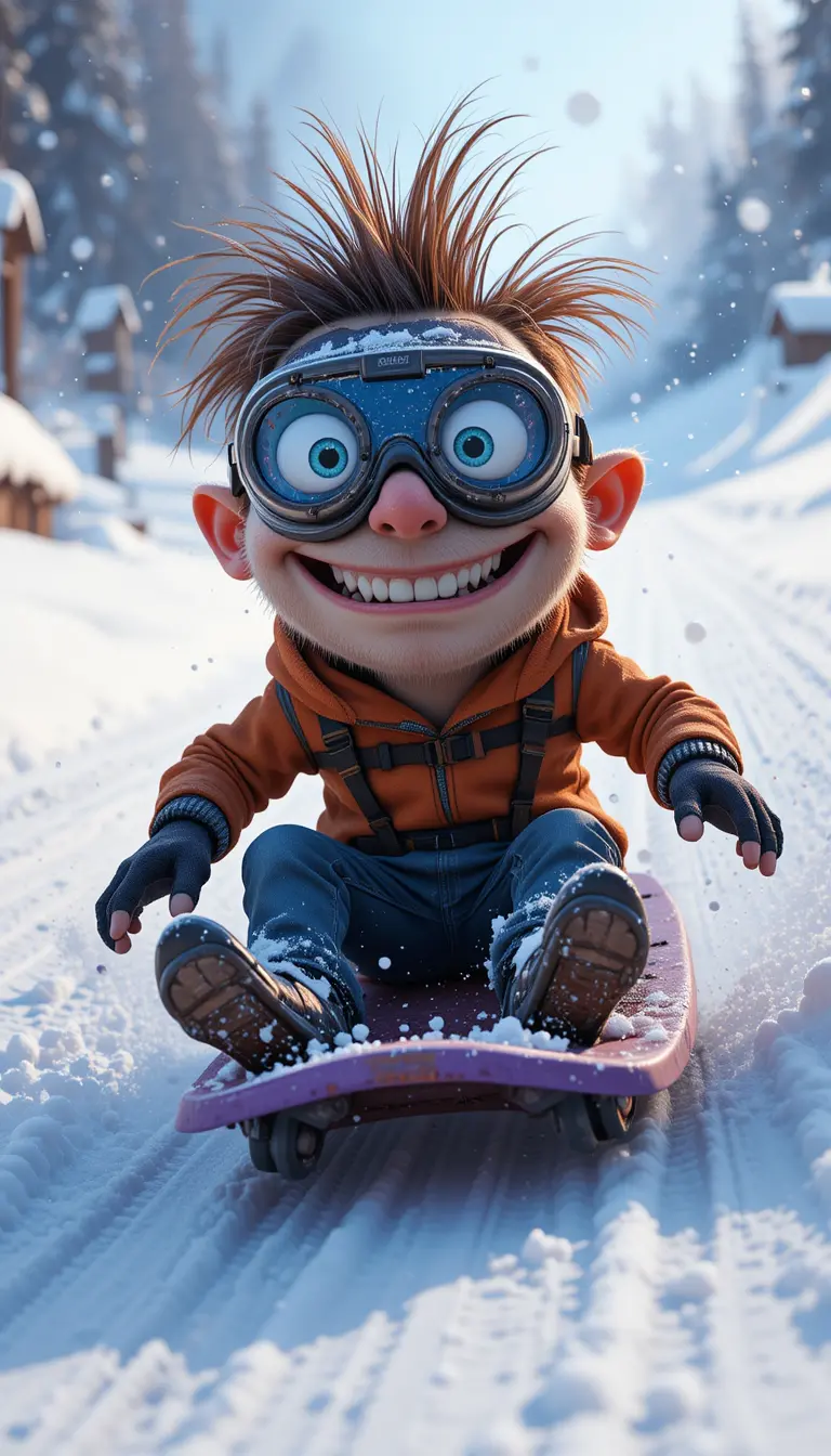 Creatura buffa che scivola su una pista innevata in stile Pixar