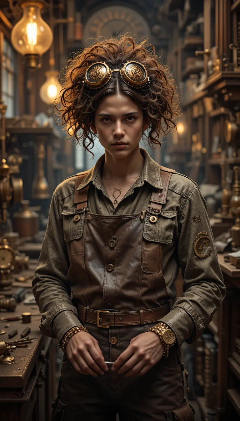 Steampunk-Erfinder in einer überfüllten, leuchtenden Werkstatt