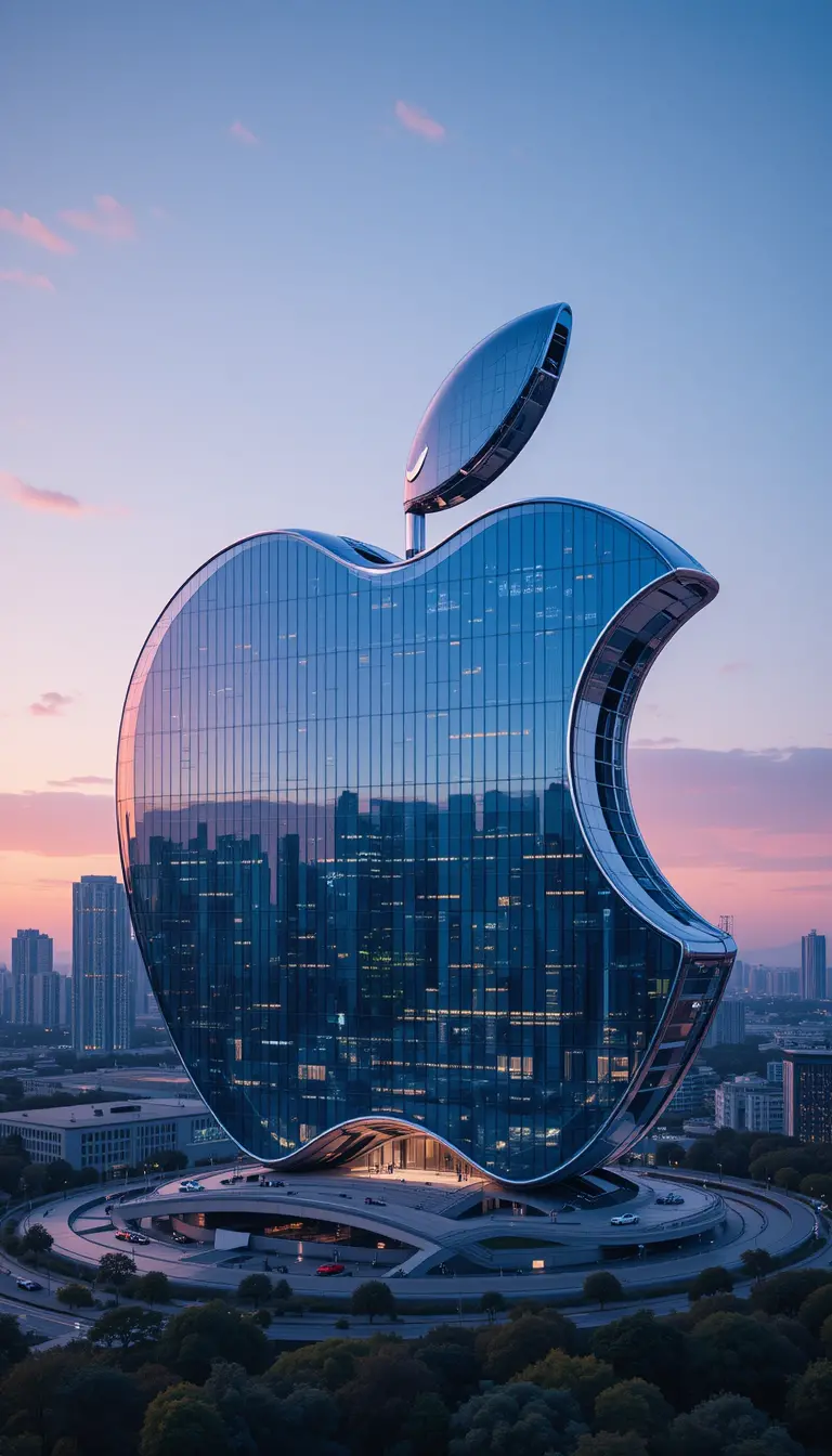 Edificio futuristico di vetro a forma di mela in skyline al neon