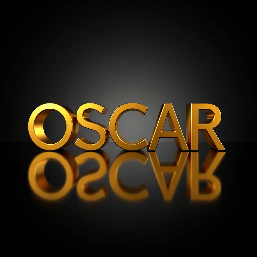3D-Goldschrift „Oscar“ mit reflektierender Oberfläche auf dunklem Hintergrund
