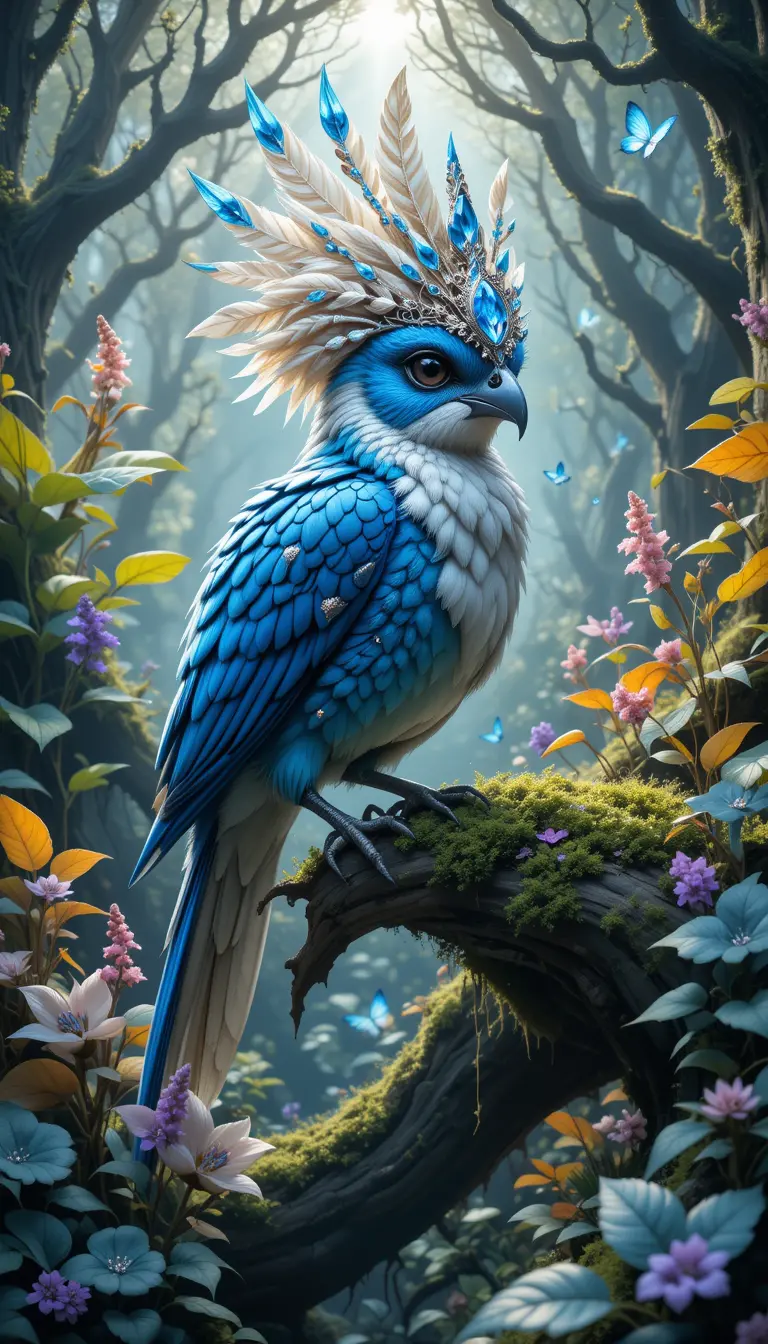 Oiseau fantastique majestueux sur branche moussue dans une forêt enchantée
