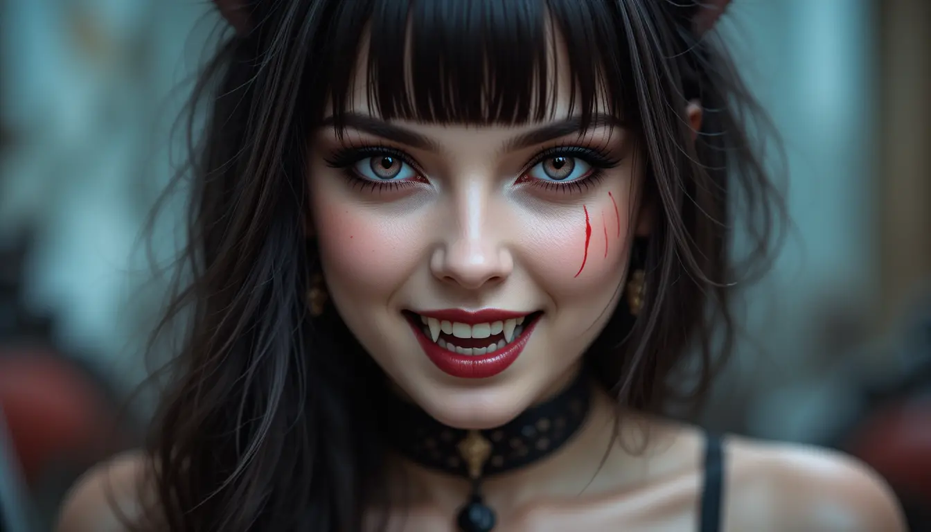 Vampir-Katzenfrau-Porträt mit roten Augen und Fangzähnen