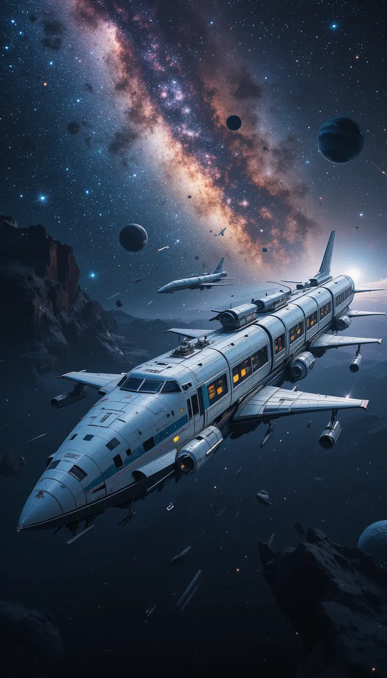 Train comme un vaisseau spatial volant dans l’espace et la Voie lactée