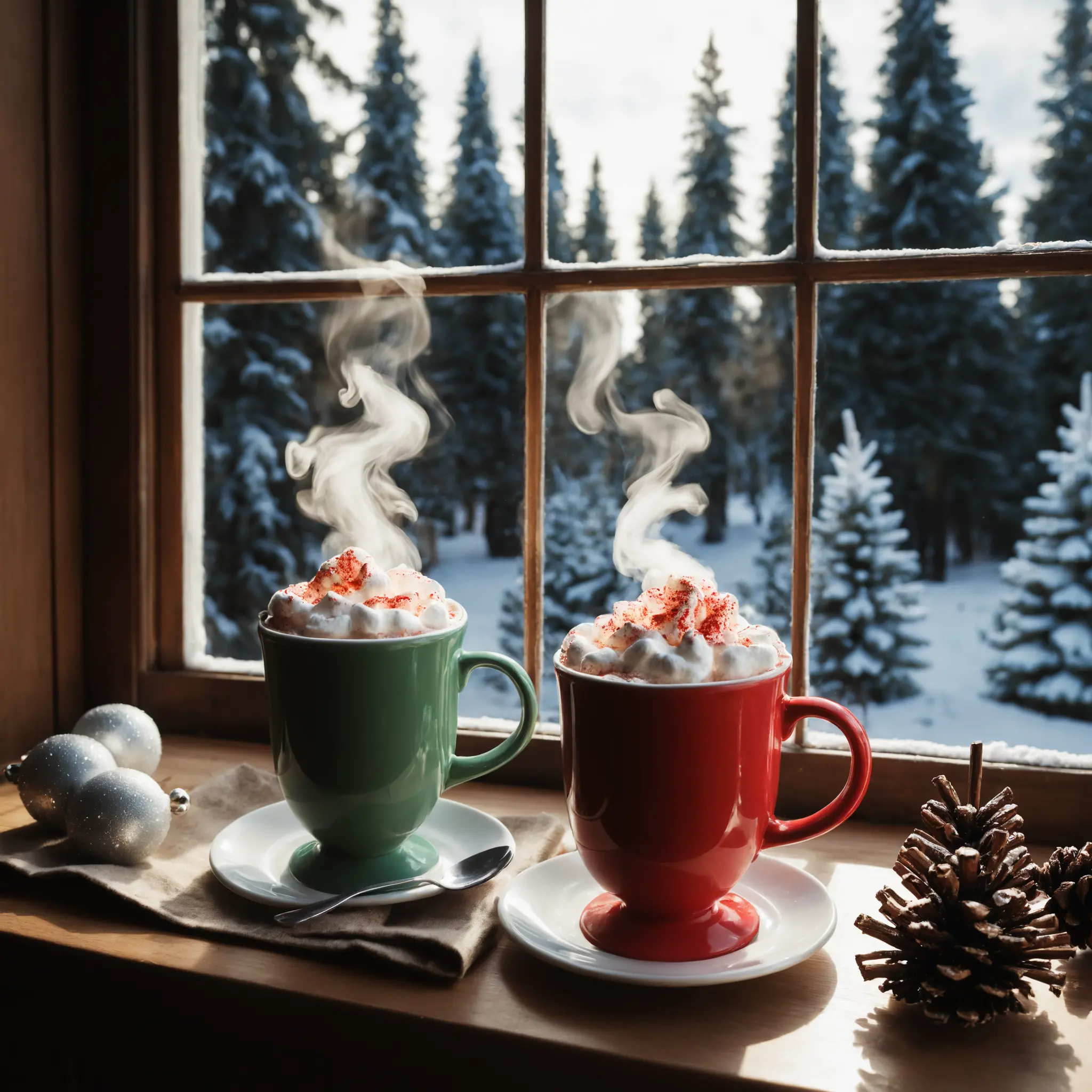 Xícara aconchegante de chocolate quente à luz de uma janela de Natal