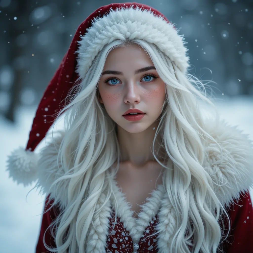 Junge weißhaarige Weihnachtsmädchen geht durch den Schnee