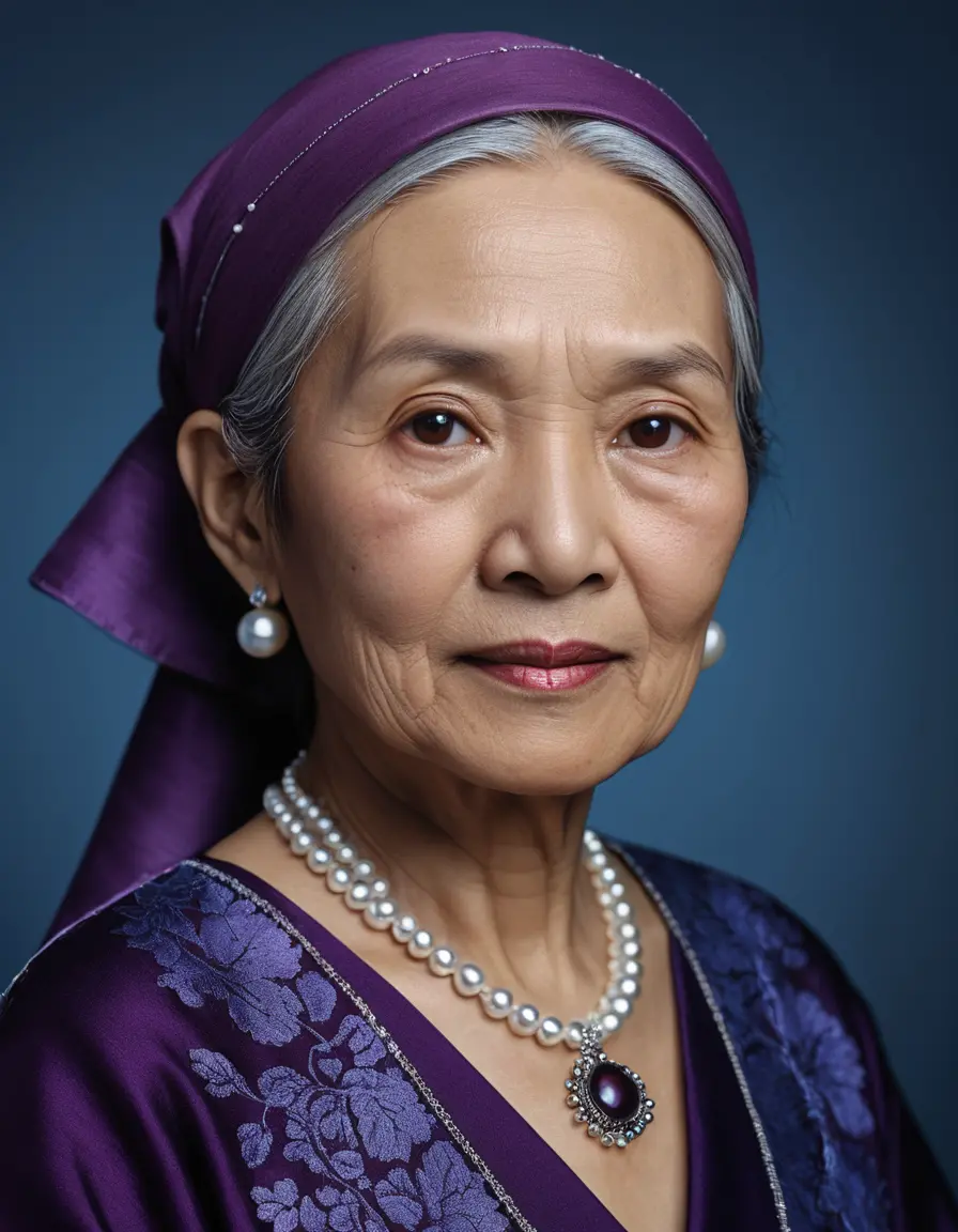 Elegante ältere asiatische Frau im violetten traditionellen Porträt