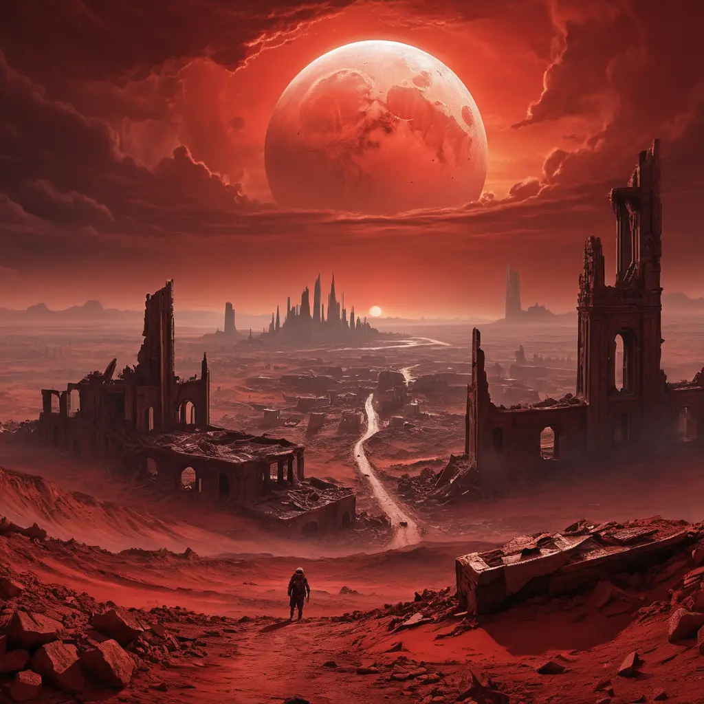 Post apocalyptic city ruins under a blood red sky