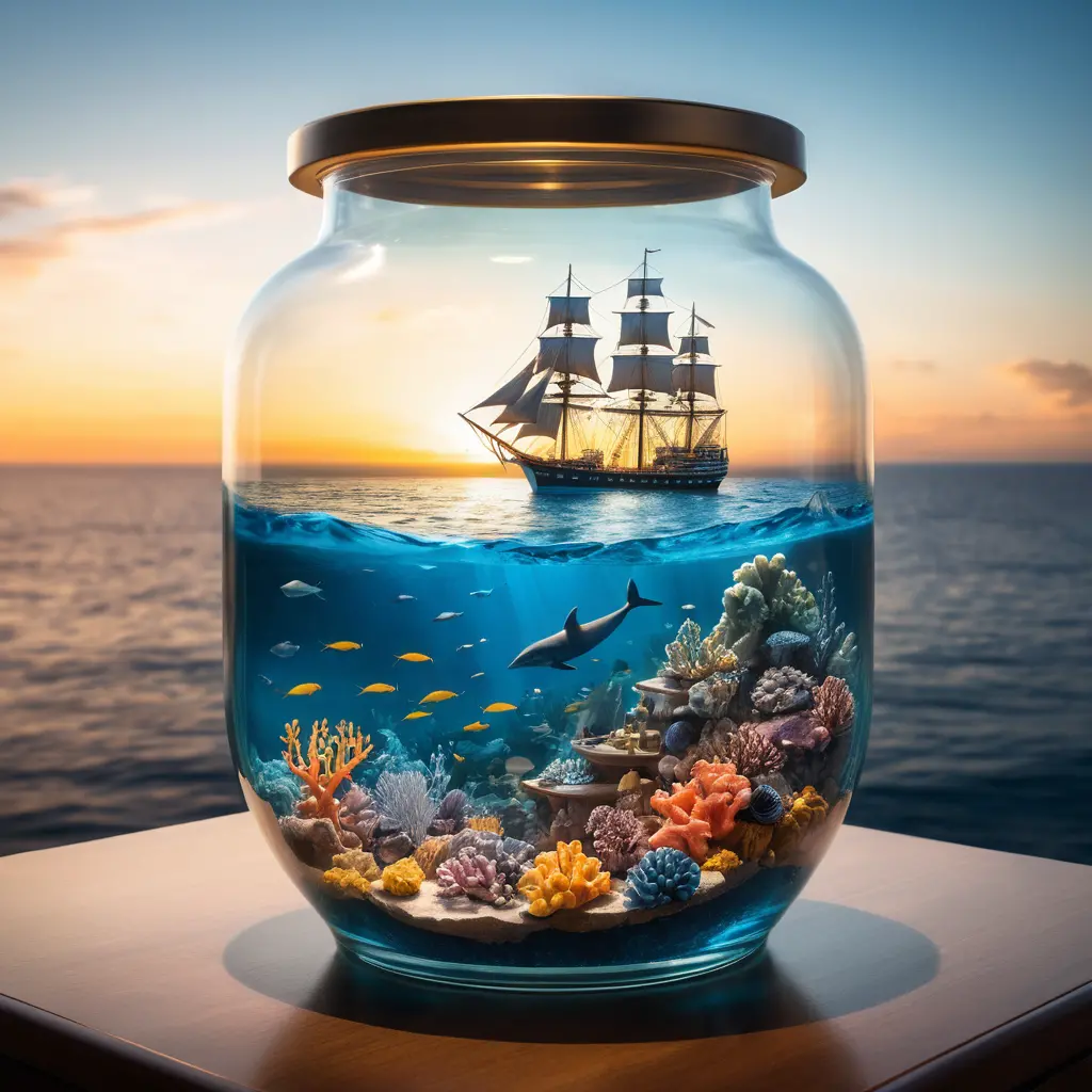 夕陽下的帆船與水下的鯨魚
