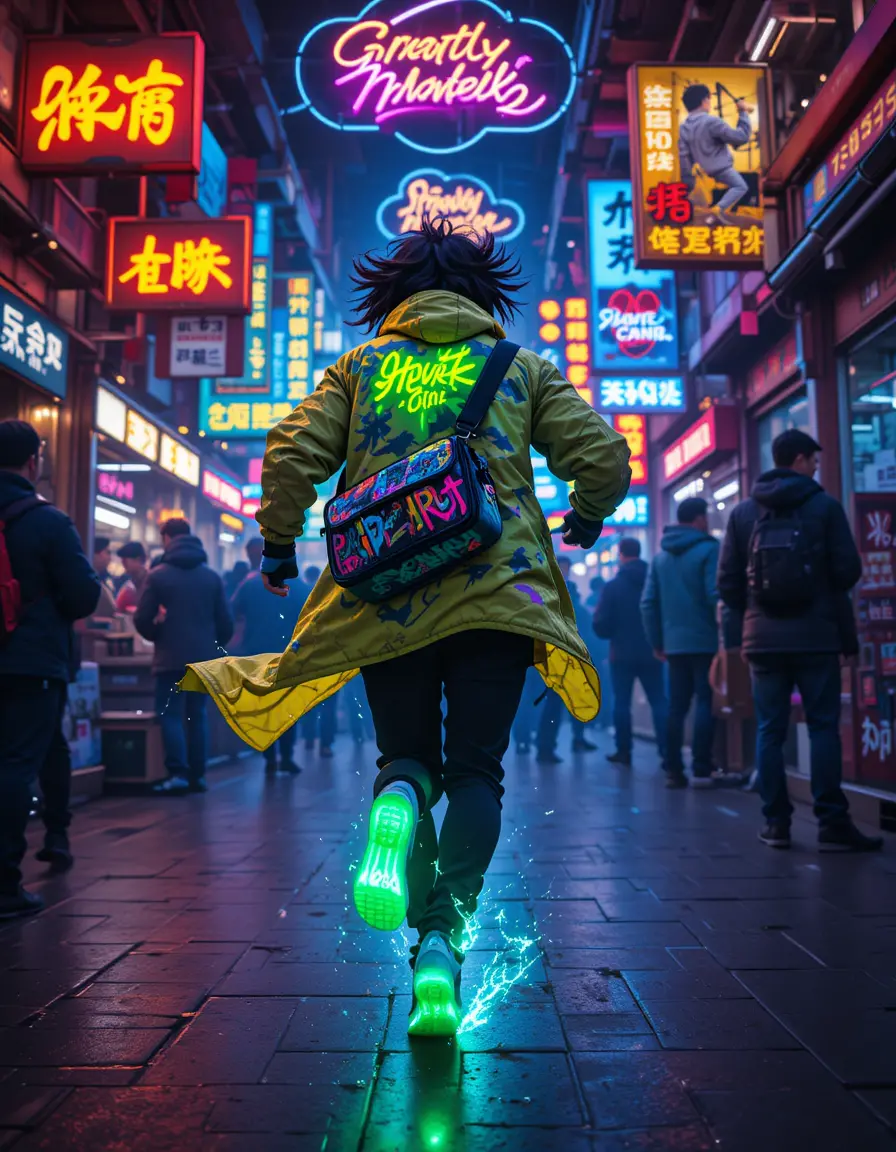 龐克快遞員疾馳穿越霓虹全息街頭市集
