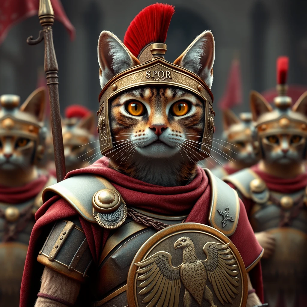 Römischer Zenturio-Kater führt feline Legionäre in die Schlacht