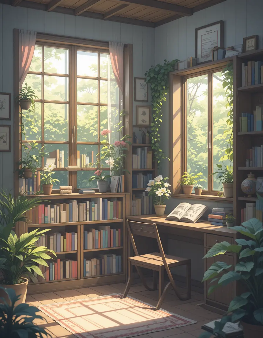 Salle de lecture d’anime chaleureuse avec bibliothèque et douce lumière du soleil