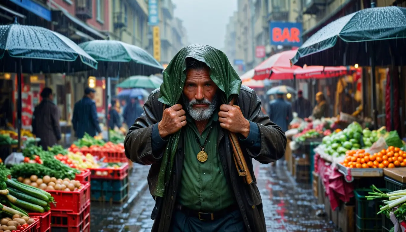 突如暴雨中保護攤位的街頭小販