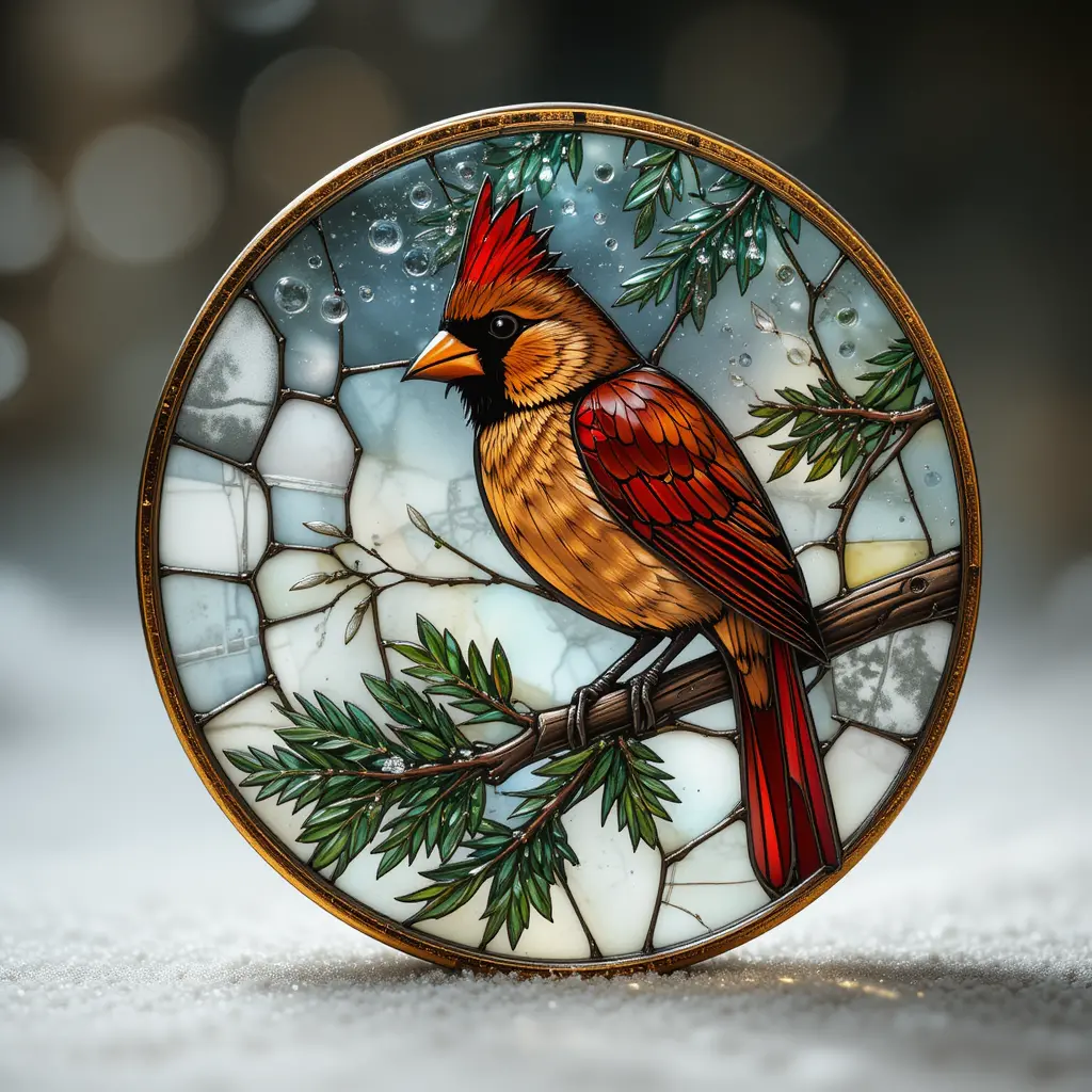 Cardinale rosso posato su albero sempreverde in stile vetrata