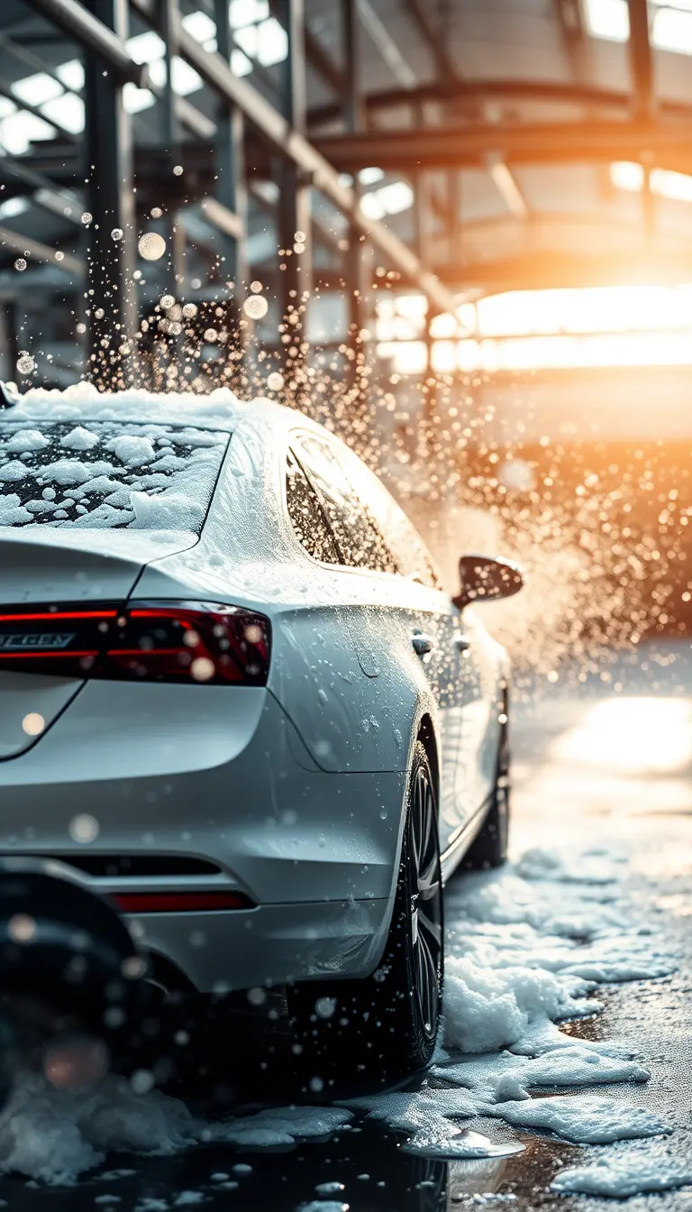 在工業化工廠清洗的白色汽車