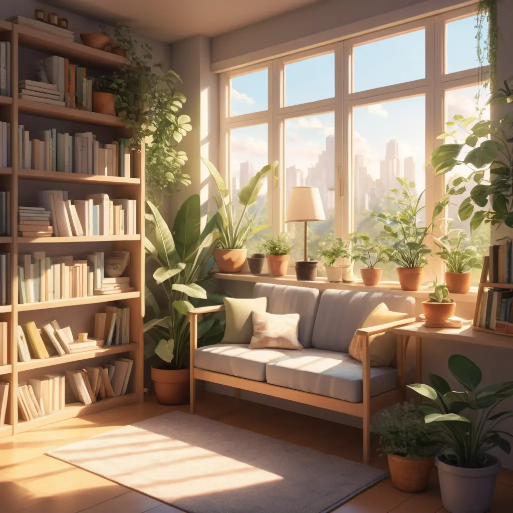 Salle de lecture anime avec bibliothèque, lumière du soleil chaleureuse et plantes
