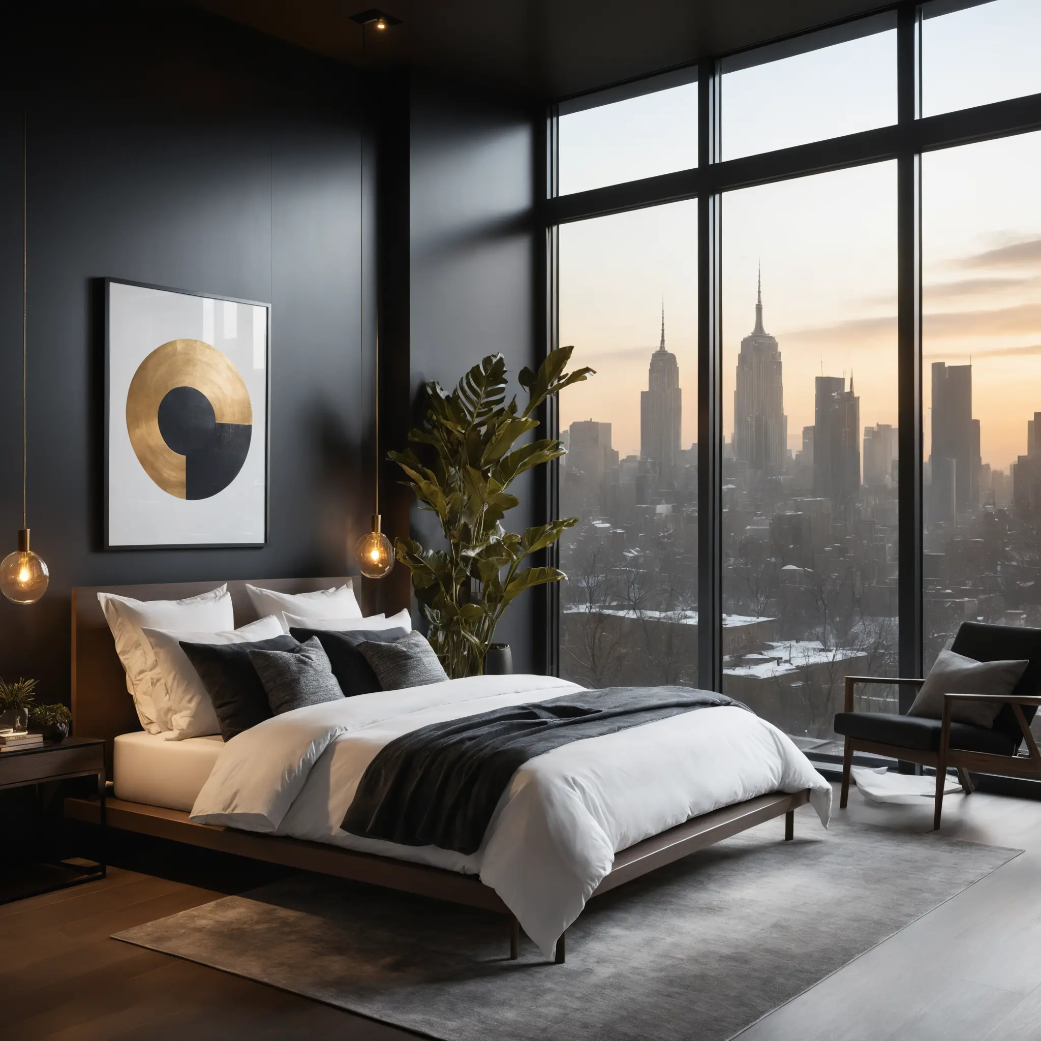 Camera da letto moderna scura con arredamento minimalista e giochi di ombre