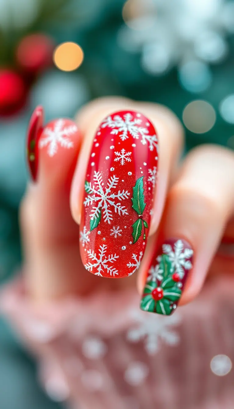 Nail art de Noël festive avec flocons de neige et détails de houx