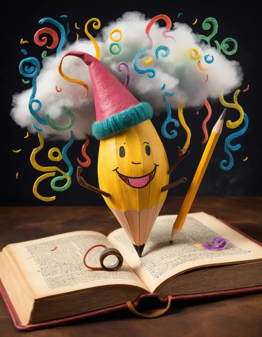 Matita cartoon sorridente che scrive in un libro vintage