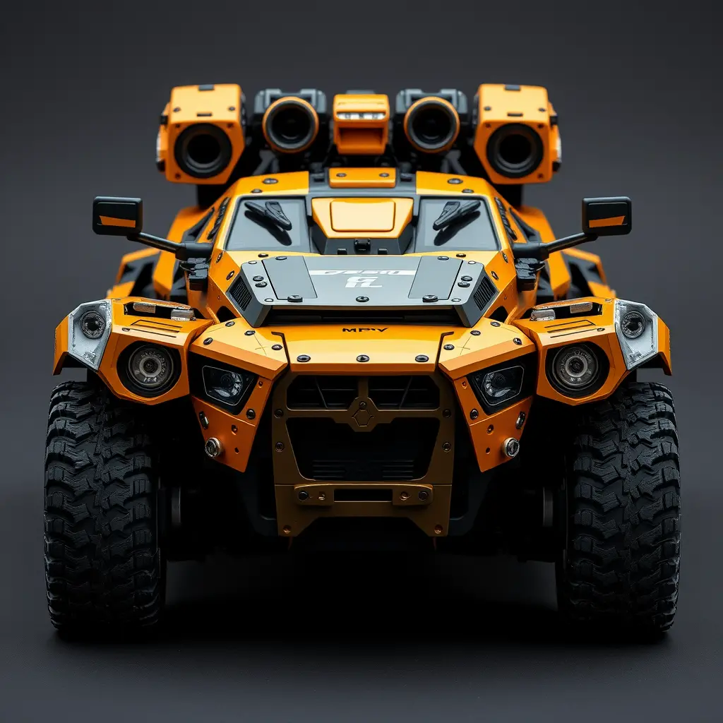 Frontansicht-Makro eines gepanzerten Fahrzeugs im Mechanical-Punk-Design
