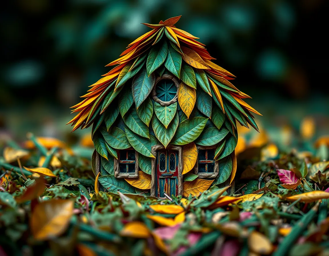 Casa pop art digitale macro modellata con foglie