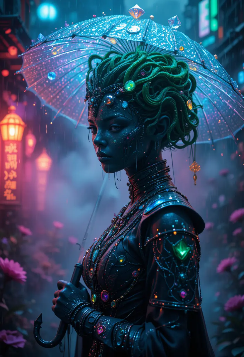 Biolumineszente Höllenkönigin-Gottheit im fantastischen Gewächshaus