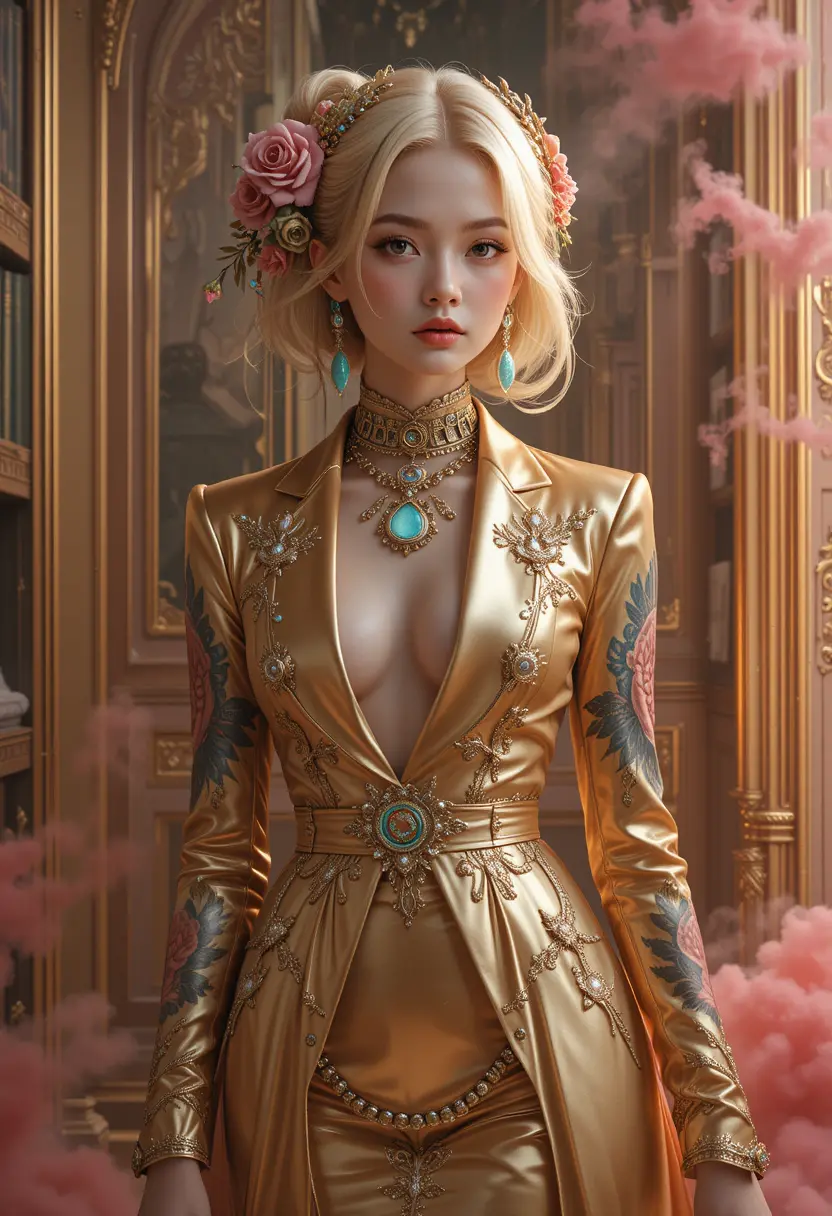 身穿金色西裝的優雅女子在室內擺姿勢