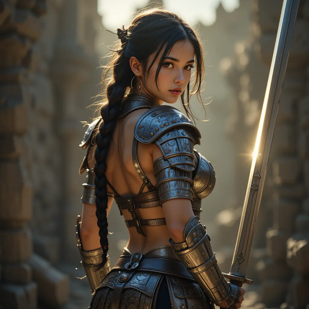 こちらを振り向くシミターを持つファンタジー女戦士