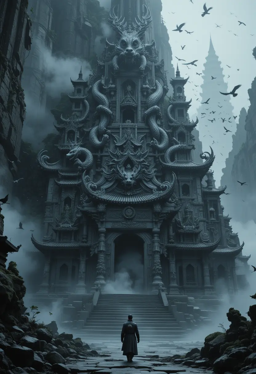 Antiker Bergtempel mit Drachen im dichten Nebel