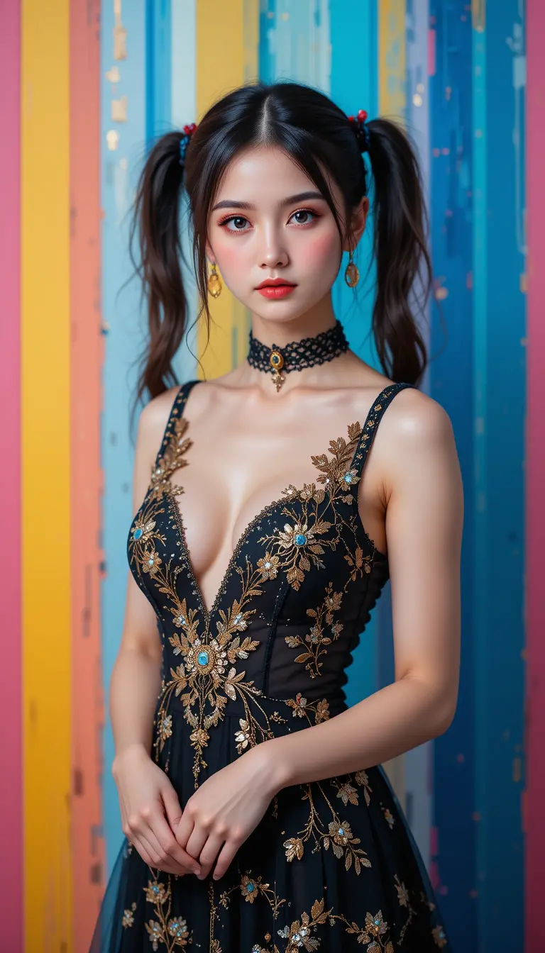 身穿薄紗黑色洋裝的年輕女子，置身抽象色彩背景