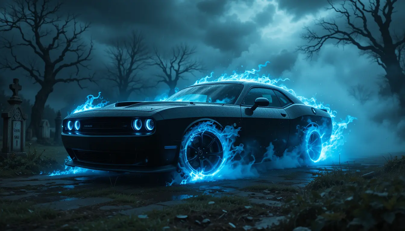 Schwarzer Muscle-Car mit blauem übernatürlichem Feuer in der Nacht