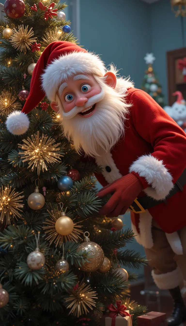 Babbo Natale gioioso che nasconde regali sotto l'albero di Natale
