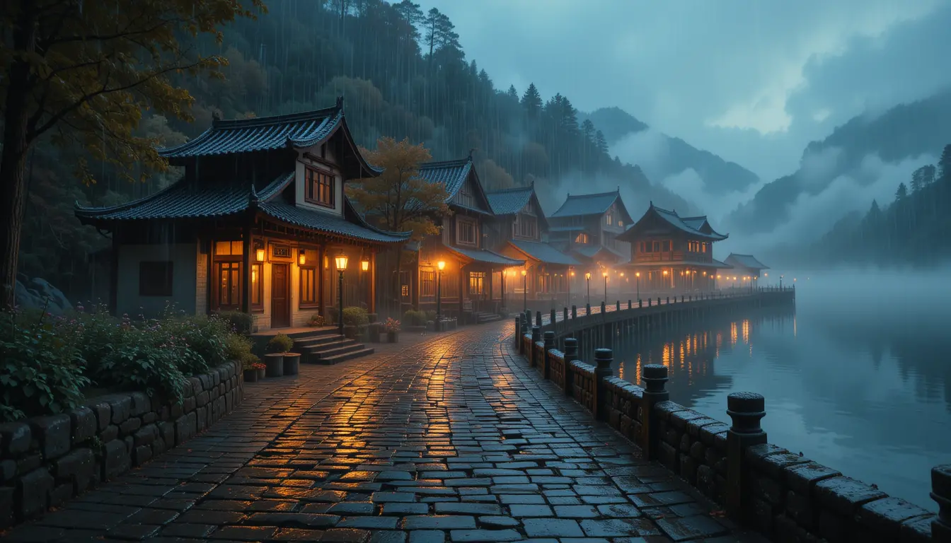雨中湖畔倒映的寧靜燈火小村