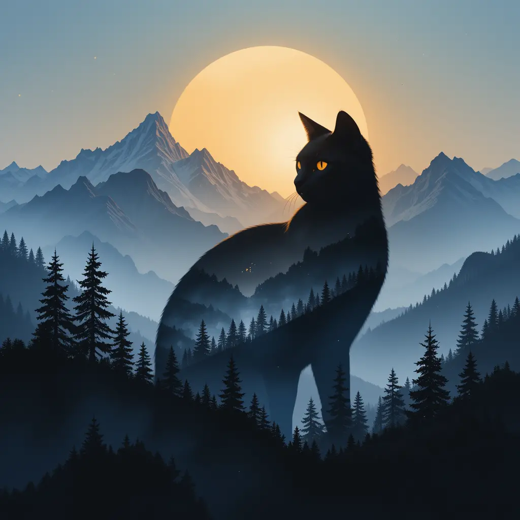 Minimalistische Katzensilhouette, die mit ruhiger Berglandschaft verschmilzt