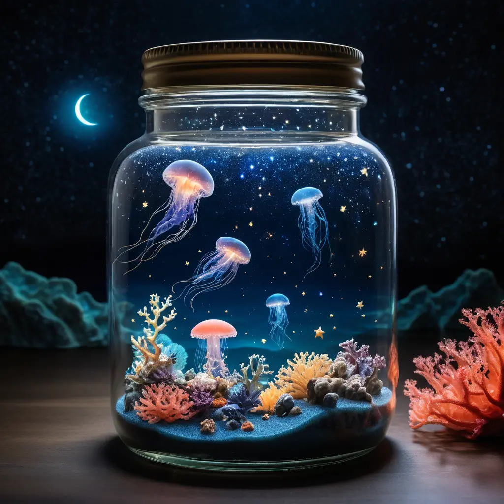 寧靜海面上方星空下的魔法玻璃罐