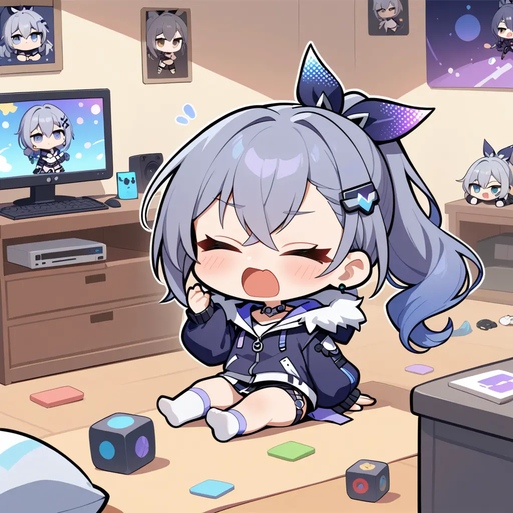 在凌亂玩家房間裡打呵欠的Q版動畫少女