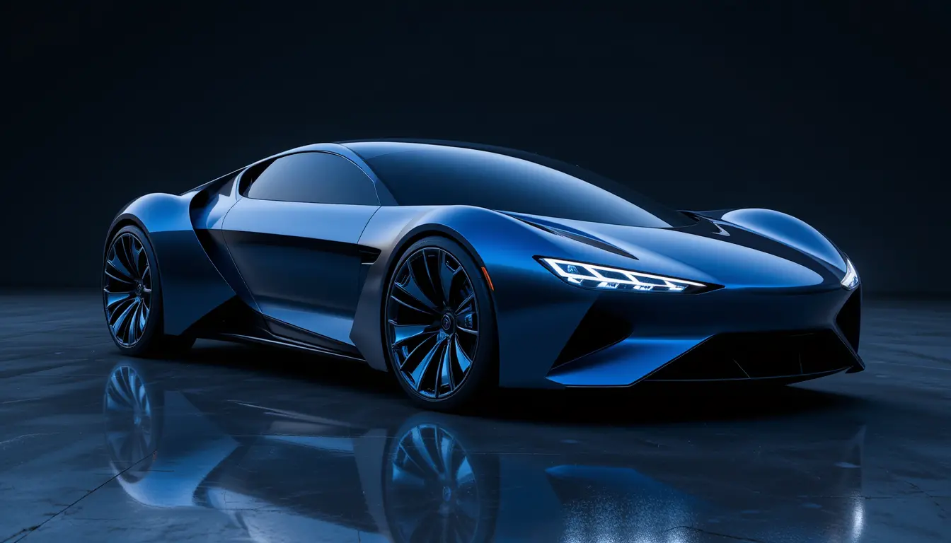 Voiture concept bleue futuriste en vue trois quarts en studio