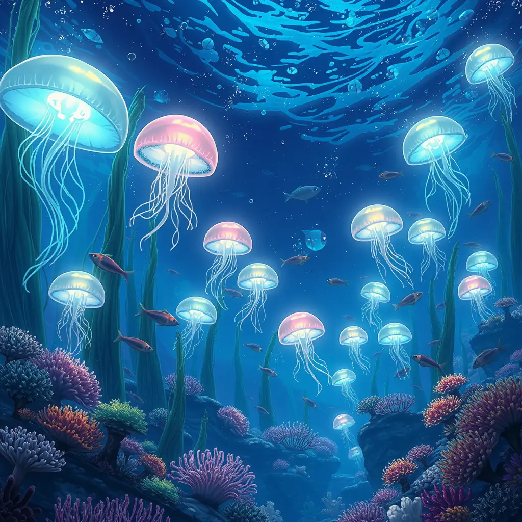 充滿發光水母與魚群的魔幻水下珊瑚礁