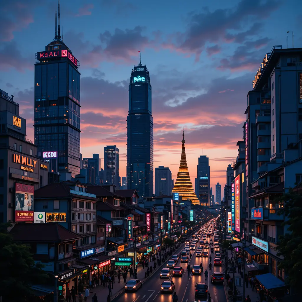 Vibrante strada di una città asiatica con templi al crepuscolo
