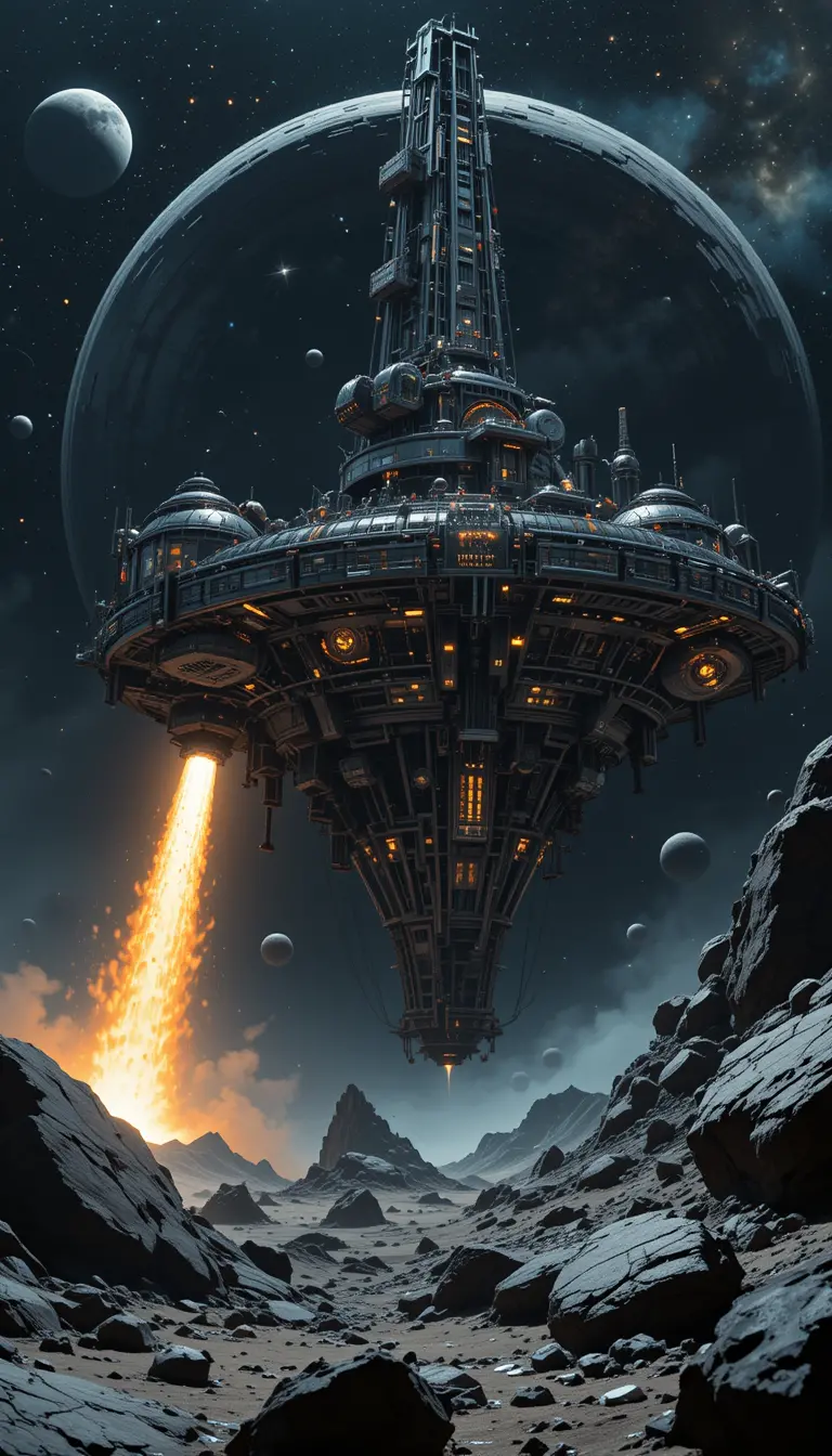 Station spatiale steampunk extrayant des astéroïdes dans l’espace profond